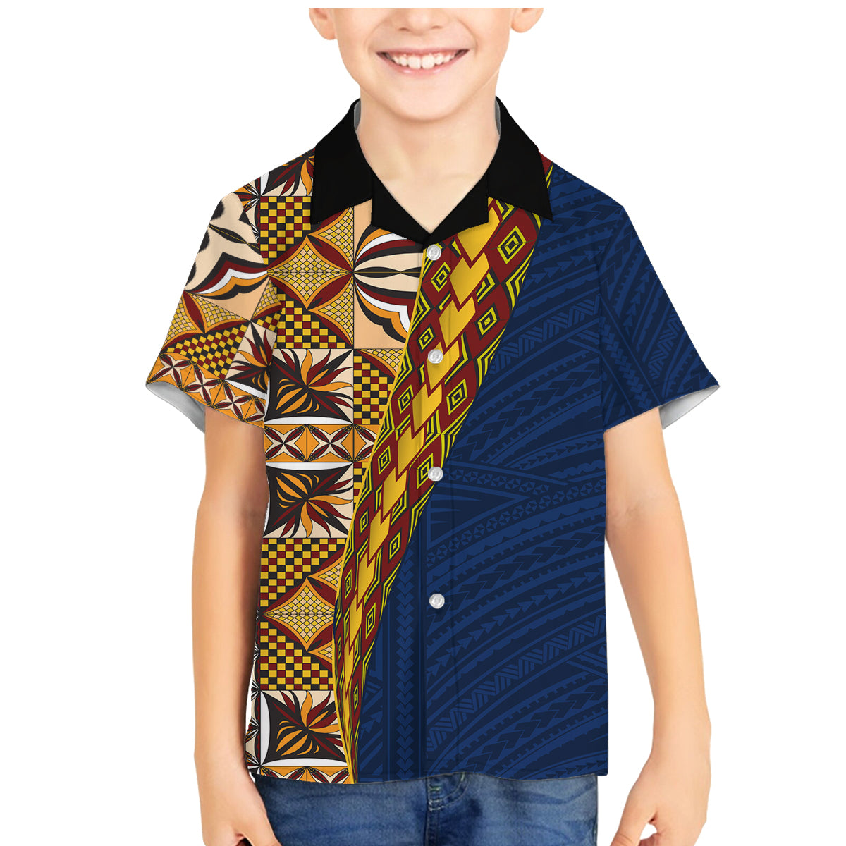 Samoan Siapo Family Matching Mermaid Dress and Hawaiian Shirt Tatau Pattern Half Style LT03 Son's Shirt Yellow - Polynesian Pride