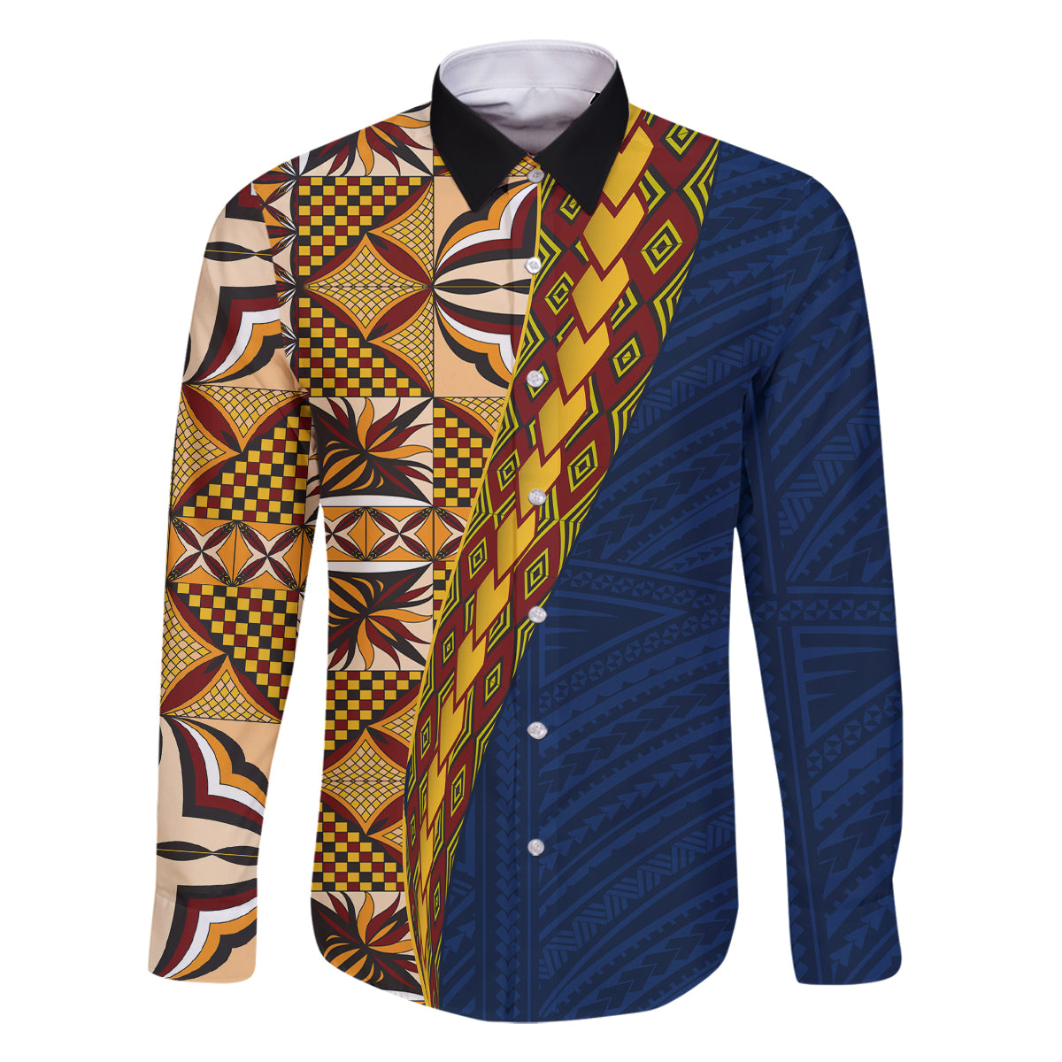 Samoan Siapo Family Matching Tank Maxi Dress and Hawaiian Shirt Tatau Pattern Half Style LT03 Dad's Shirt - Long Sleeve Yellow - Polynesian Pride