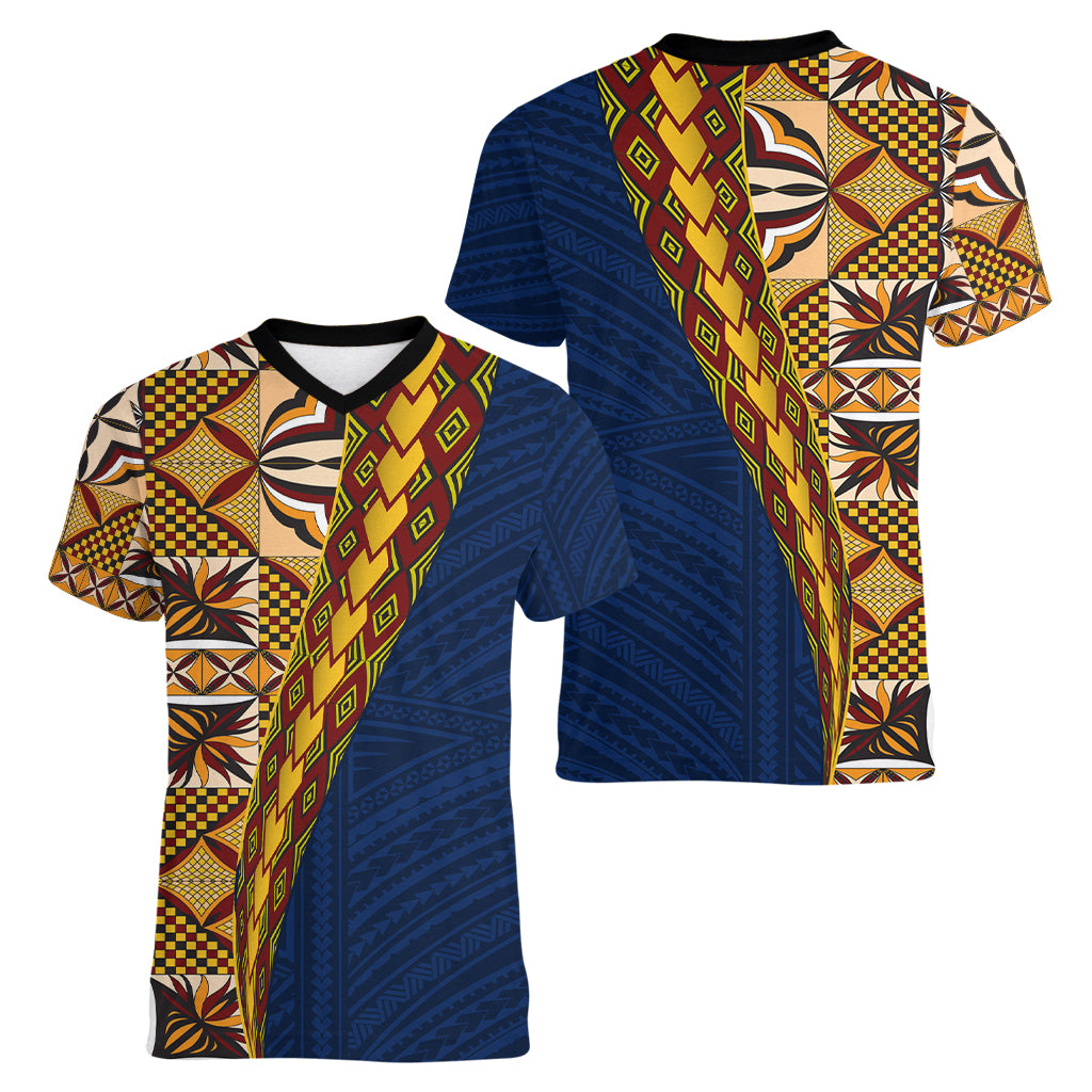 Samoan Siapo Women V Neck T Shirt Tatau Pattern Half Style LT03 - Polynesian Pride