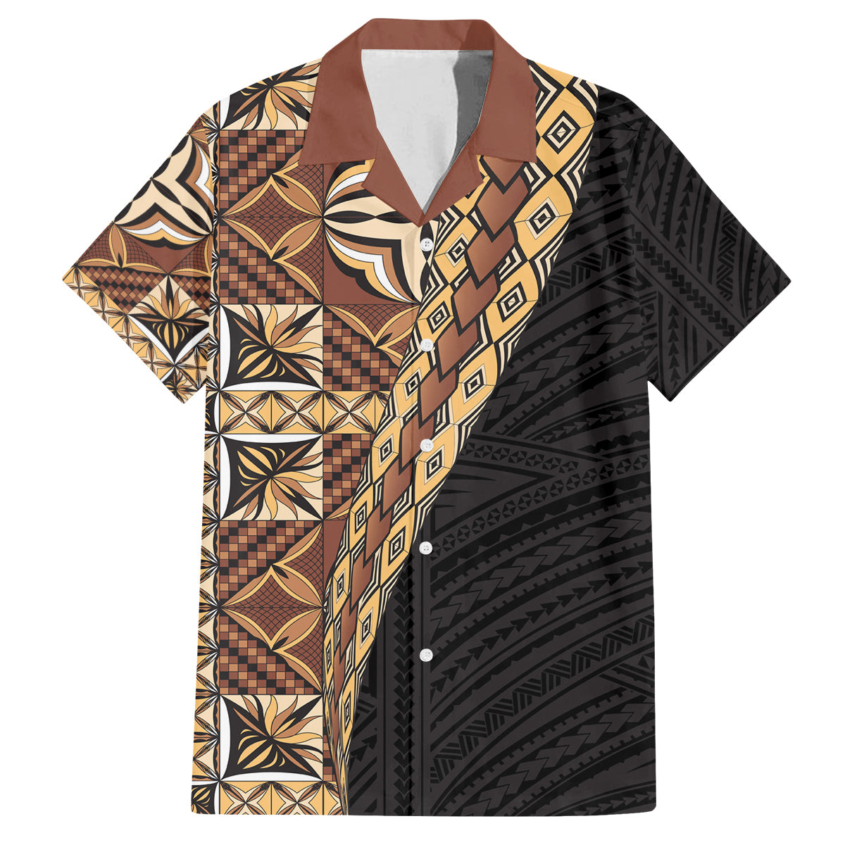 Samoan Siapo Family Matching Tank Maxi Dress and Hawaiian Shirt Tatau Pattern Half Style Retro Mode LT03 Dad's Shirt - Short Sleeve Brown - Polynesian Pride