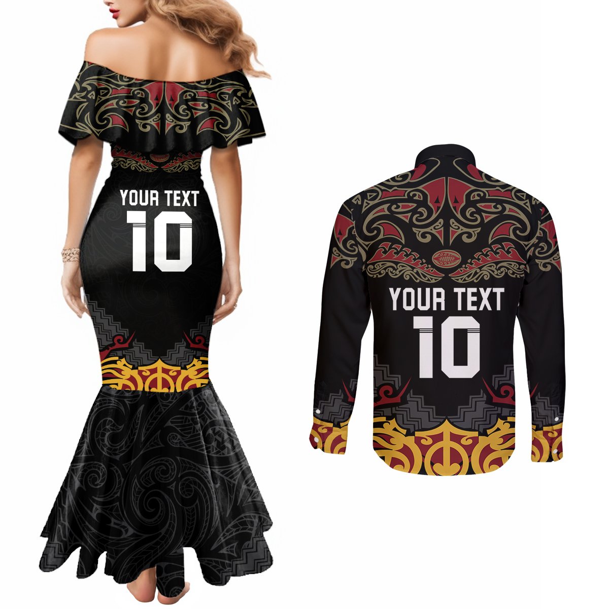 Custom New Zealand Rugby Couples Matching Mermaid Dress and Long Sleeve Button Shirt Black Fern Maori Tribal Pattern LT03 - Polynesian Pride
