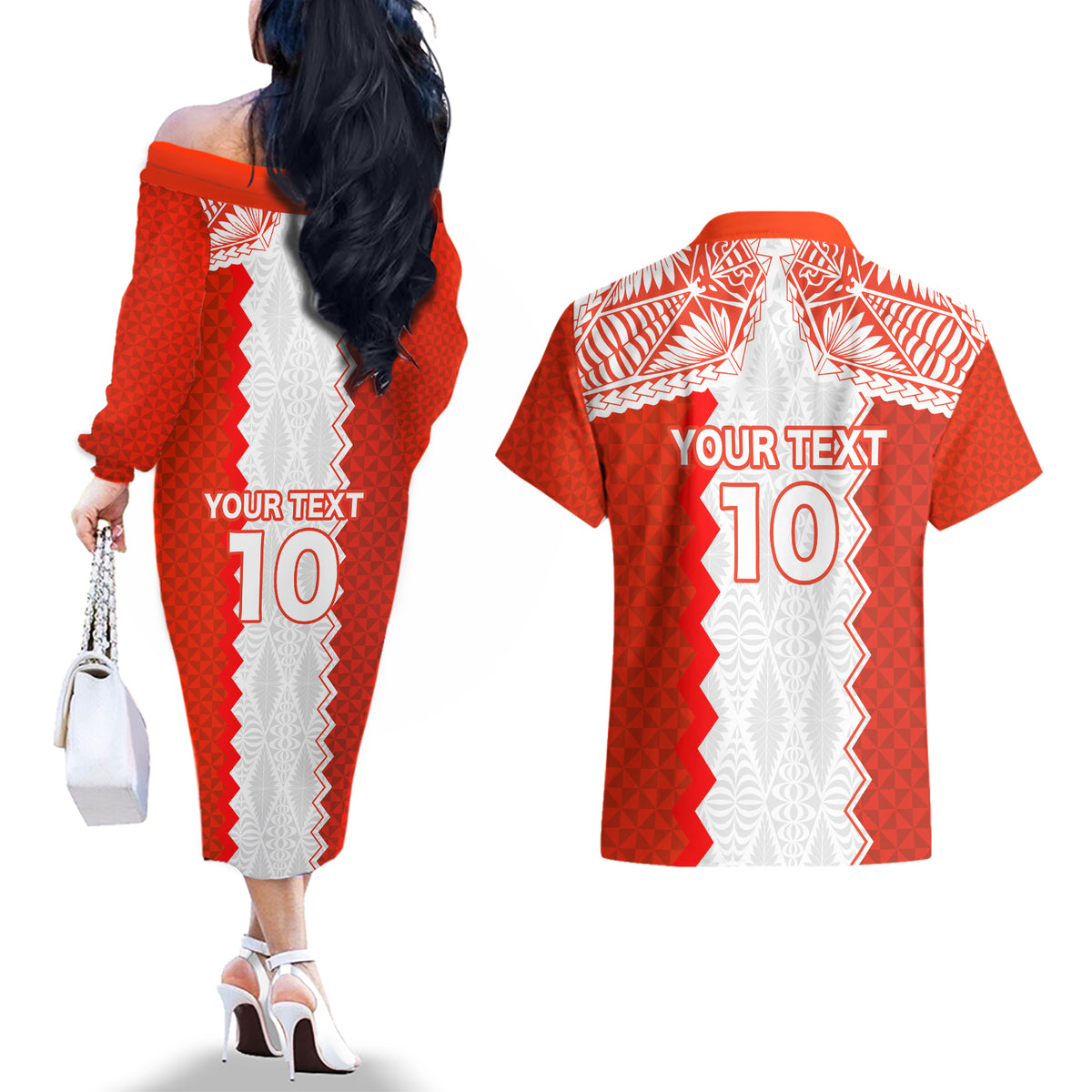 Custom Tonga Rugby Couples Matching Off The Shoulder Long Sleeve Dress and Hawaiian Shirt Ikale Tahi Ngatu Tribal Pattern LT03