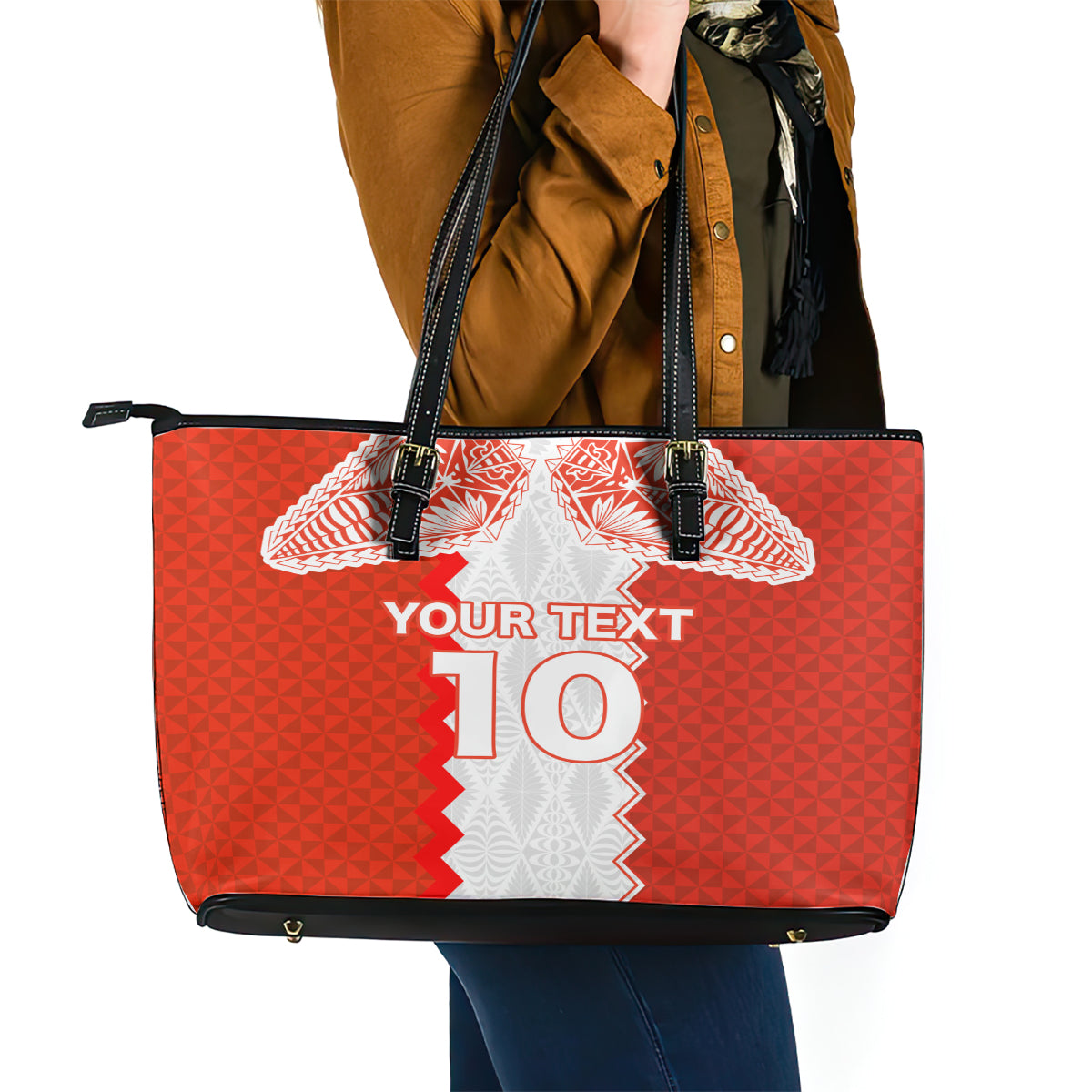 Custom Tonga Rugby Leather Tote Bag Ikale Tahi Ngatu Tribal Pattern