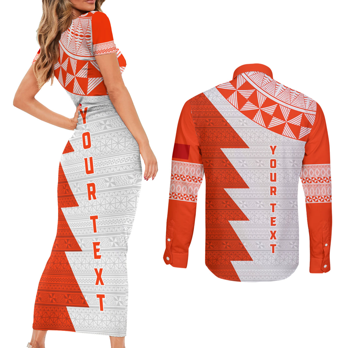Custom Tonga Rugby Couples Matching Short Sleeve Bodycon Dress and Long Sleeve Button Shirt Ikale Tahi Ngatu Tribal Pattern Half Style LT03