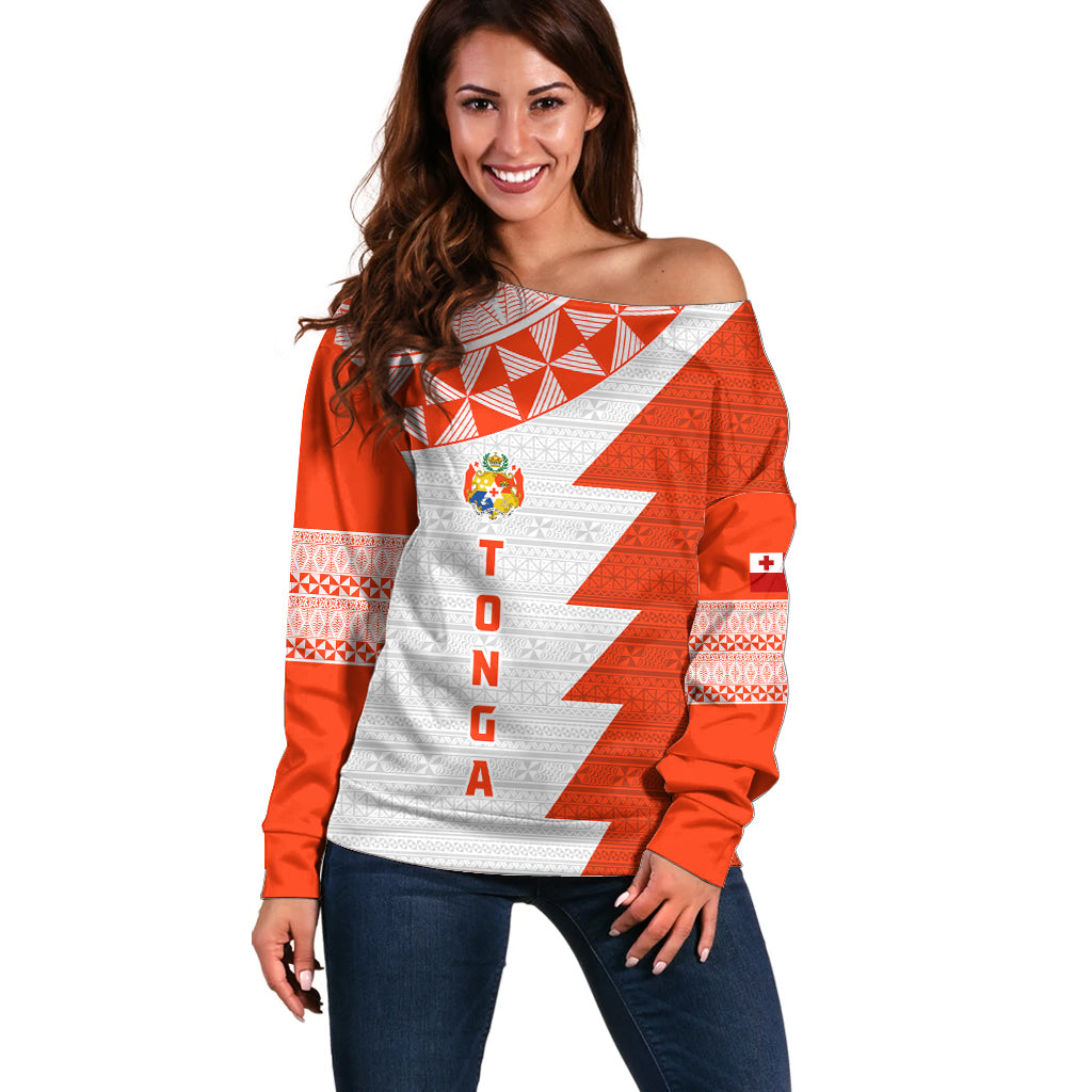 Custom Tonga Rugby Off Shoulder Sweater Ikale Tahi Ngatu Tribal Pattern Half Style LT03 Women Orange - Polynesian Pride