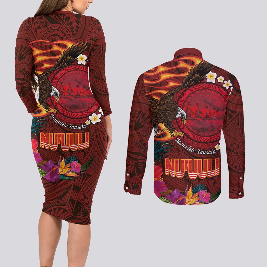 American Samoa Manulele Tausala Nu'uuli Couples Matching Long Sleeve Bodycon Dress and Long Sleeve Button Shirt Tatau Art Pattern with Tropical Plants