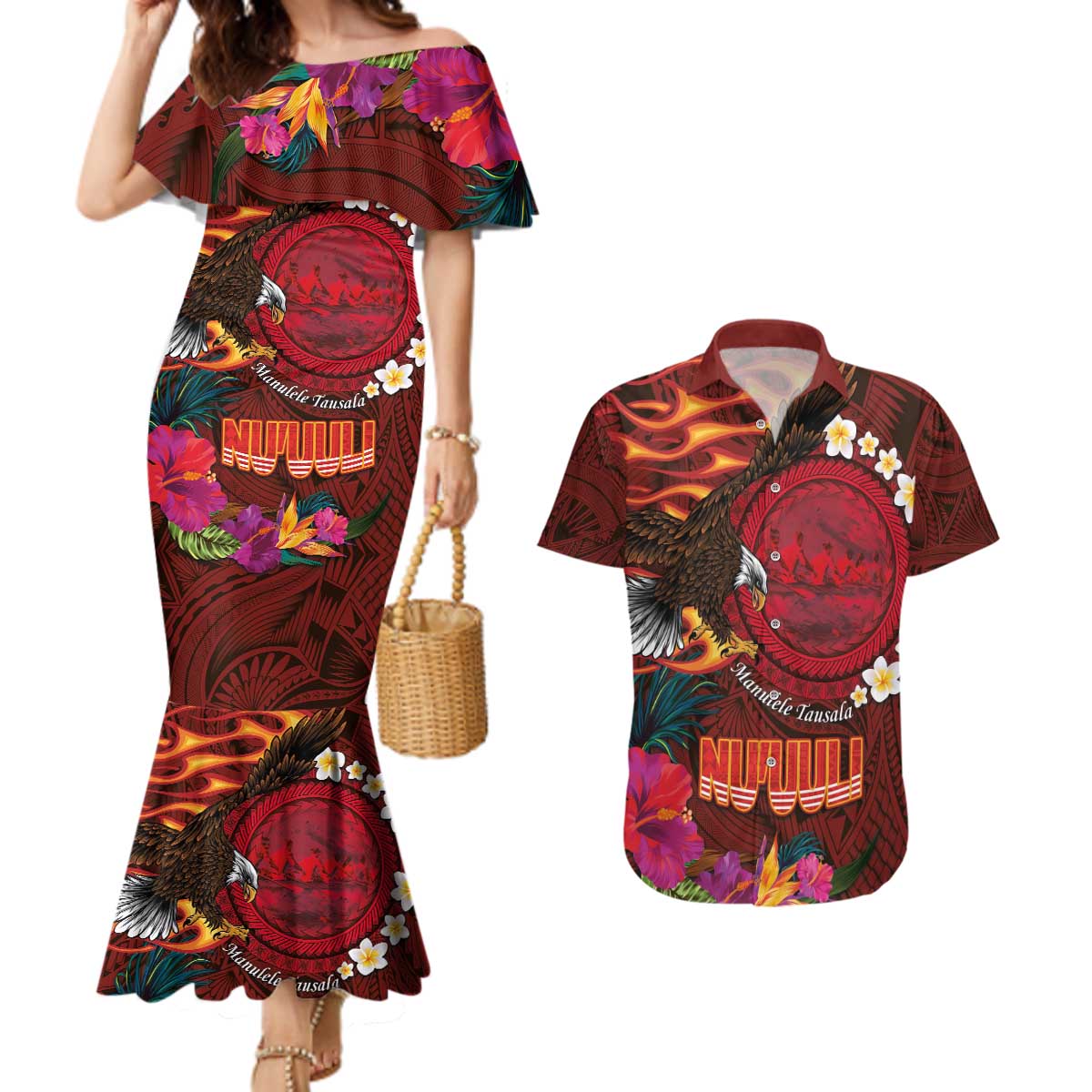 American Samoa Manulele Tausala Nu'uuli Couples Matching Mermaid Dress and Hawaiian Shirt Tatau Art Pattern with Tropical Plants