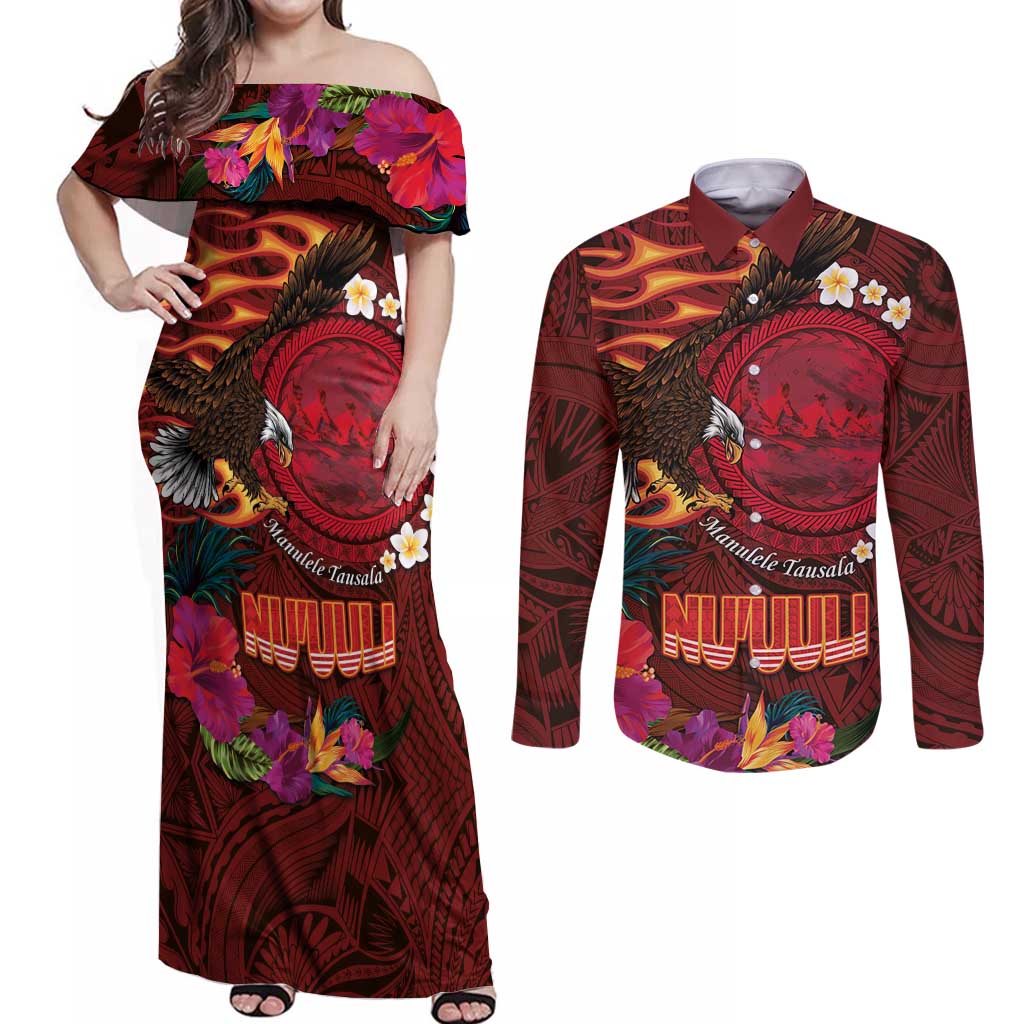 American Samoa Manulele Tausala Nu'uuli Couples Matching Off Shoulder Maxi Dress and Long Sleeve Button Shirt Tatau Art Pattern with Tropical Plants