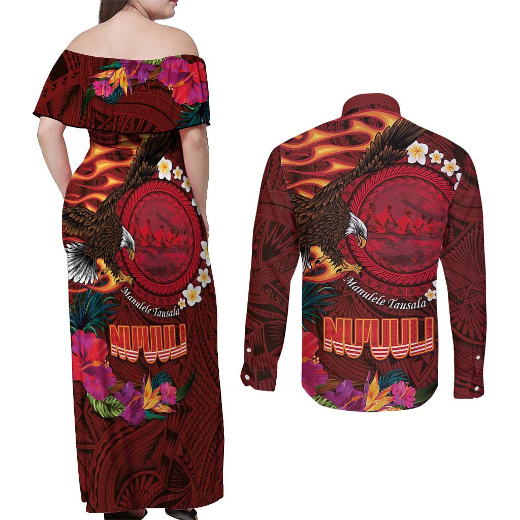 American Samoa Manulele Tausala Nu'uuli Couples Matching Off Shoulder Maxi Dress and Long Sleeve Button Shirt Tatau Art Pattern with Tropical Plants