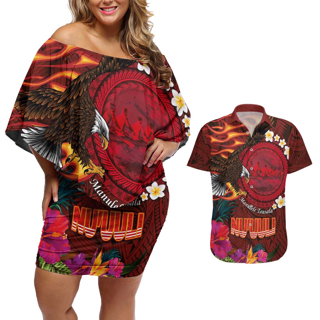 American Samoa Manulele Tausala Nu'uuli Couples Matching Off Shoulder Short Dress and Hawaiian Shirt Tatau Art Pattern with Tropical Plants