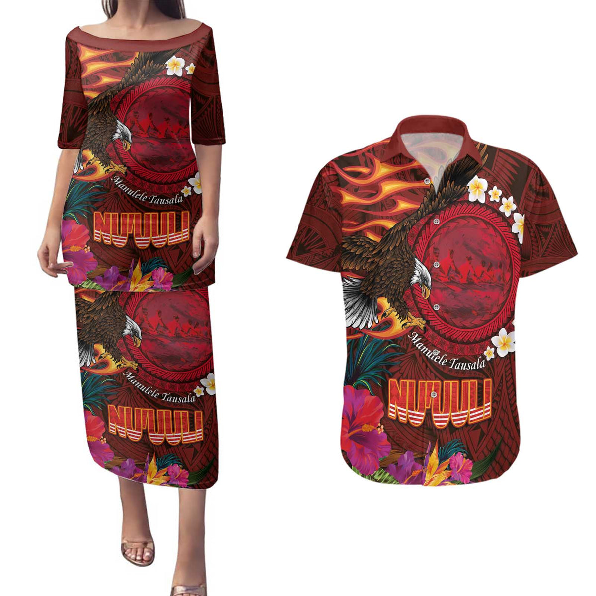 American Samoa Manulele Tausala Nu'uuli Couples Matching Puletasi and Hawaiian Shirt Tatau Art Pattern with Tropical Plants