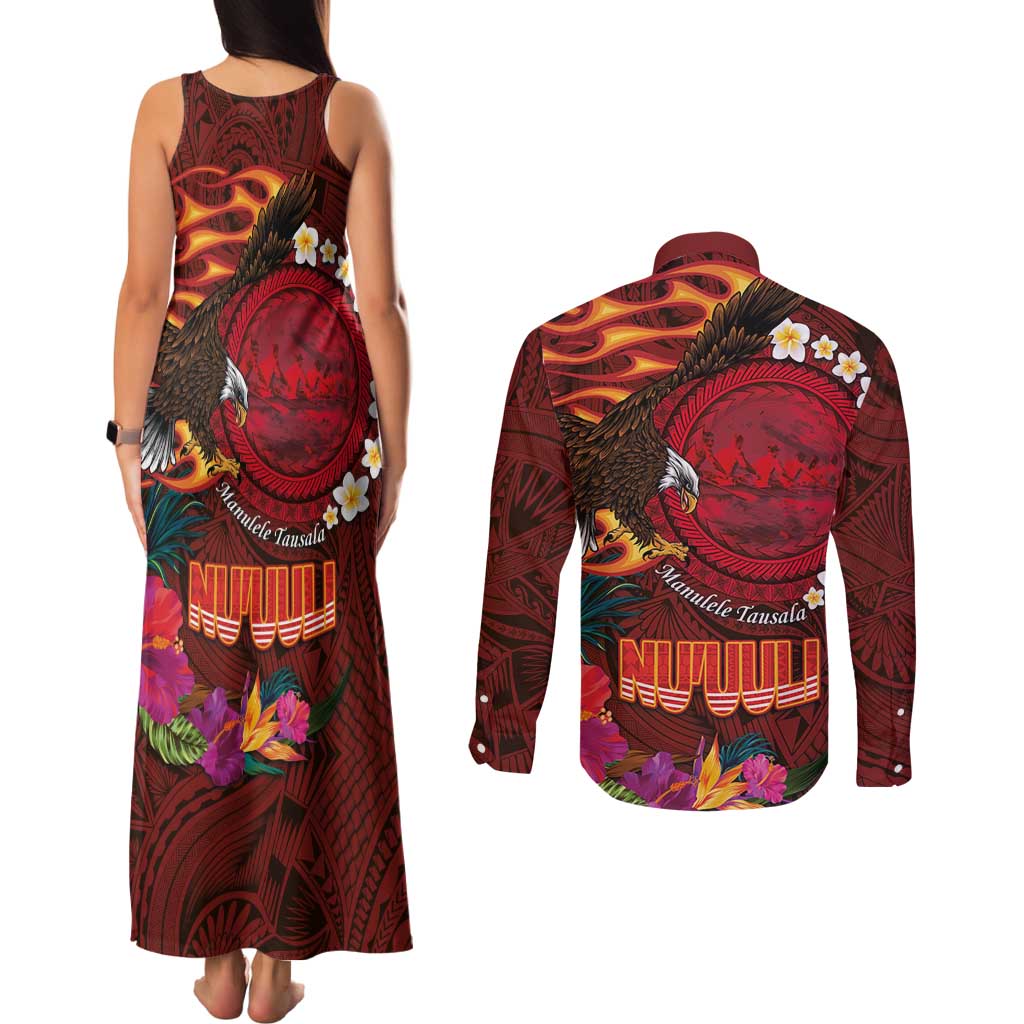 American Samoa Manulele Tausala Nu'uuli Couples Matching Tank Maxi Dress and Long Sleeve Button Shirt Tatau Art Pattern with Tropical Plants