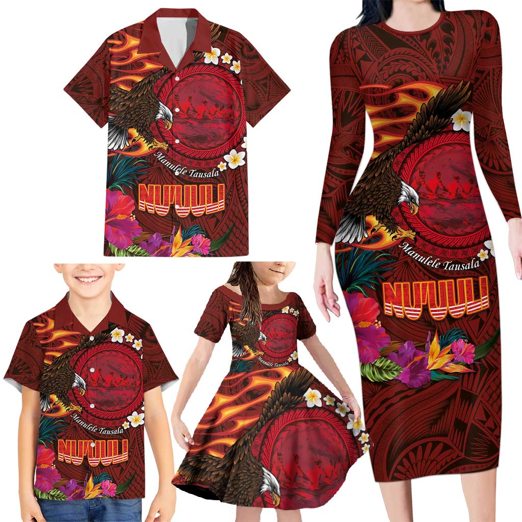 American Samoa Manulele Tausala Nu'uuli Family Matching Long Sleeve Bodycon Dress and Hawaiian Shirt Tatau Art Pattern with Tropical Plants LT03 - Polynesian Pride