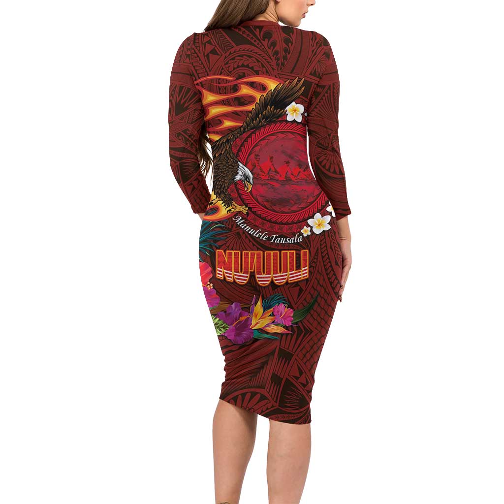 American Samoa Manulele Tausala Nu'uuli Family Matching Long Sleeve Bodycon Dress and Hawaiian Shirt Tatau Art Pattern with Tropical Plants LT03 - Polynesian Pride