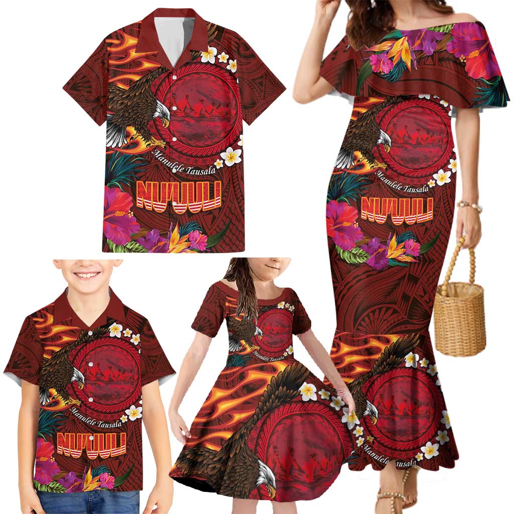 American Samoa Manulele Tausala Nu'uuli Family Matching Mermaid Dress and Hawaiian Shirt Tatau Art Pattern with Tropical Plants LT03 - Polynesian Pride
