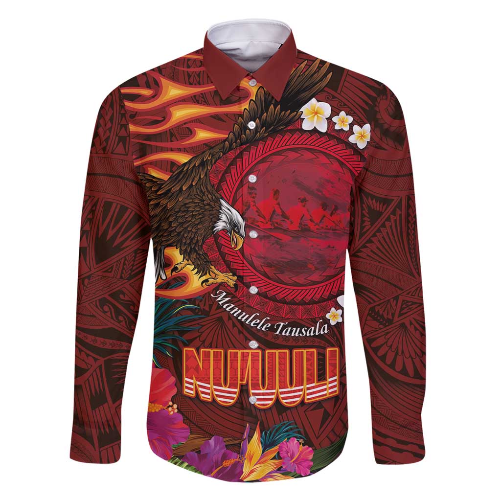 American Samoa Manulele Tausala Nu'uuli Family Matching Mermaid Dress and Hawaiian Shirt Tatau Art Pattern with Tropical Plants LT03 Dad's Shirt - Long Sleeve Red - Polynesian Pride