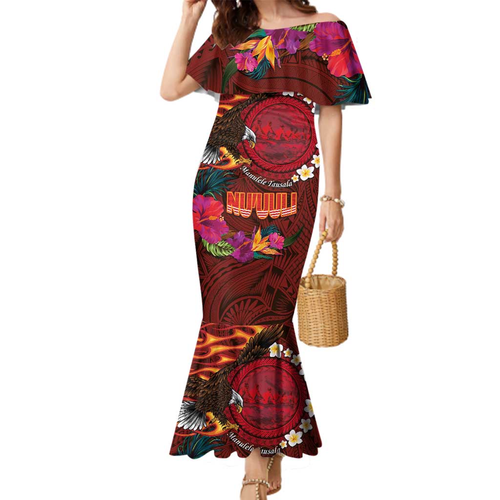 American Samoa Manulele Tausala Nu'uuli Family Matching Mermaid Dress and Hawaiian Shirt Tatau Art Pattern with Tropical Plants LT03 Mom's Dress Red - Polynesian Pride
