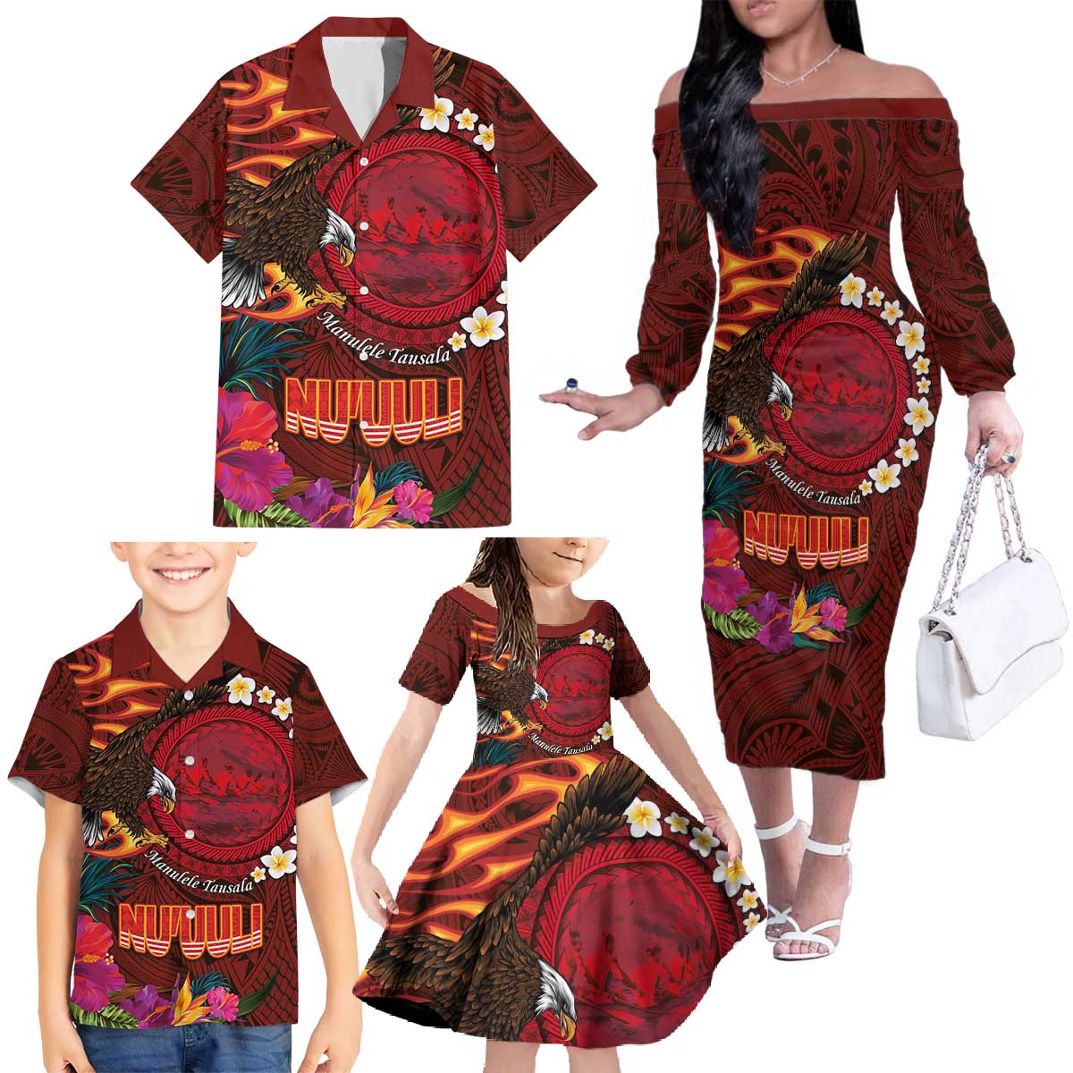 American Samoa Manulele Tausala Nu'uuli Family Matching Off The Shoulder Long Sleeve Dress and Hawaiian Shirt Tatau Art Pattern with Tropical Plants LT03 - Polynesian Pride