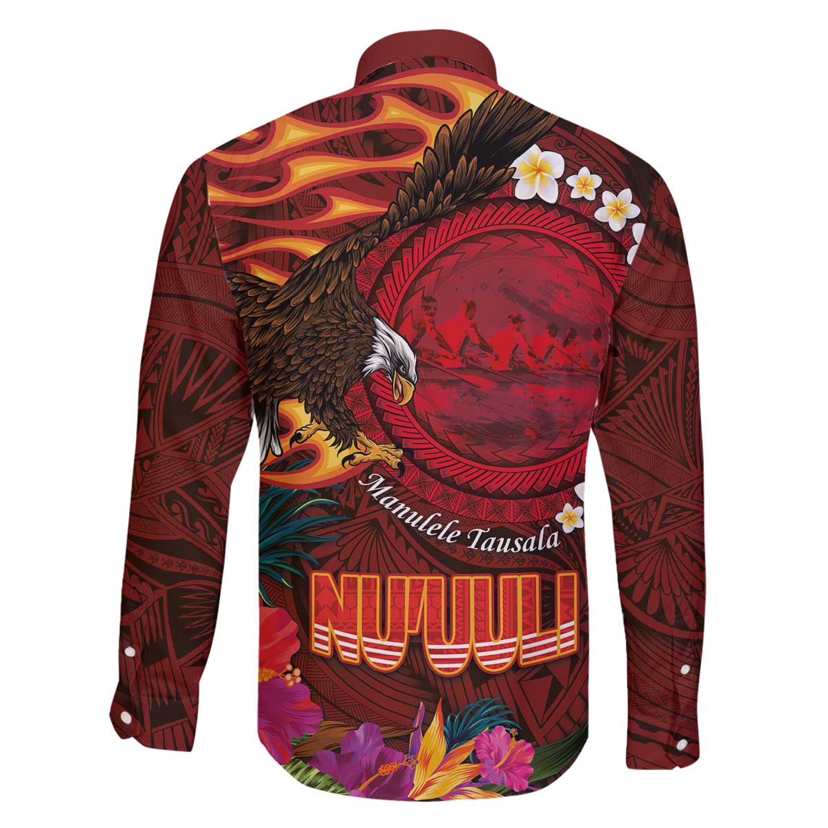 American Samoa Manulele Tausala Nu'uuli Family Matching Off The Shoulder Long Sleeve Dress and Hawaiian Shirt Tatau Art Pattern with Tropical Plants LT03 - Polynesian Pride