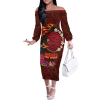 American Samoa Manulele Tausala Nu'uuli Family Matching Off The Shoulder Long Sleeve Dress and Hawaiian Shirt Tatau Art Pattern with Tropical Plants LT03 Mom's Dress Red - Polynesian Pride
