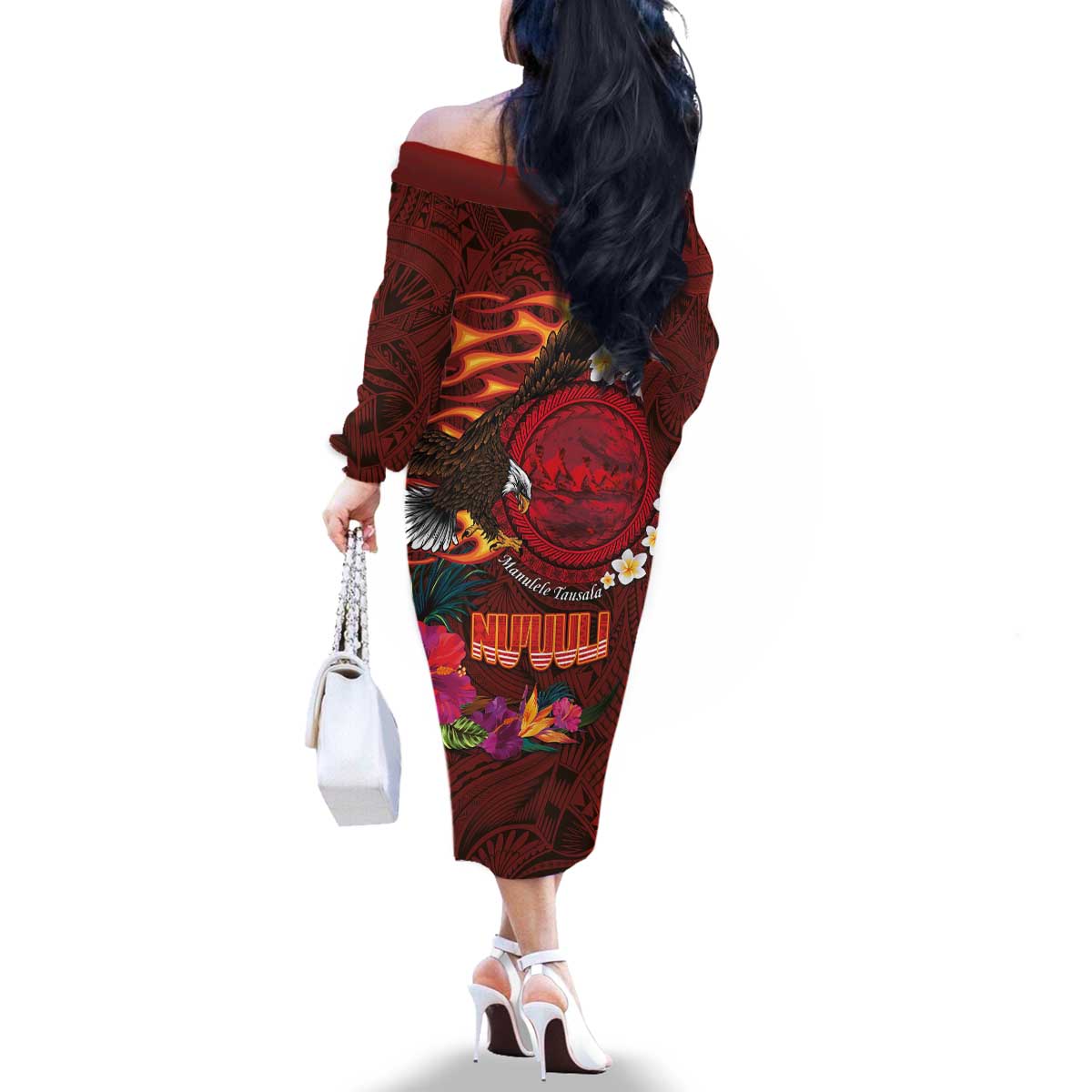 American Samoa Manulele Tausala Nu'uuli Family Matching Off The Shoulder Long Sleeve Dress and Hawaiian Shirt Tatau Art Pattern with Tropical Plants LT03 - Polynesian Pride
