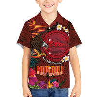 American Samoa Manulele Tausala Nu'uuli Family Matching Off The Shoulder Long Sleeve Dress and Hawaiian Shirt Tatau Art Pattern with Tropical Plants LT03 Son's Shirt Red - Polynesian Pride