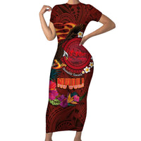 American Samoa Manulele Tausala Nu'uuli Family Matching Short Sleeve Bodycon Dress and Hawaiian Shirt Tatau Art Pattern with Tropical Plants LT03 Mom's Dress Red - Polynesian Pride