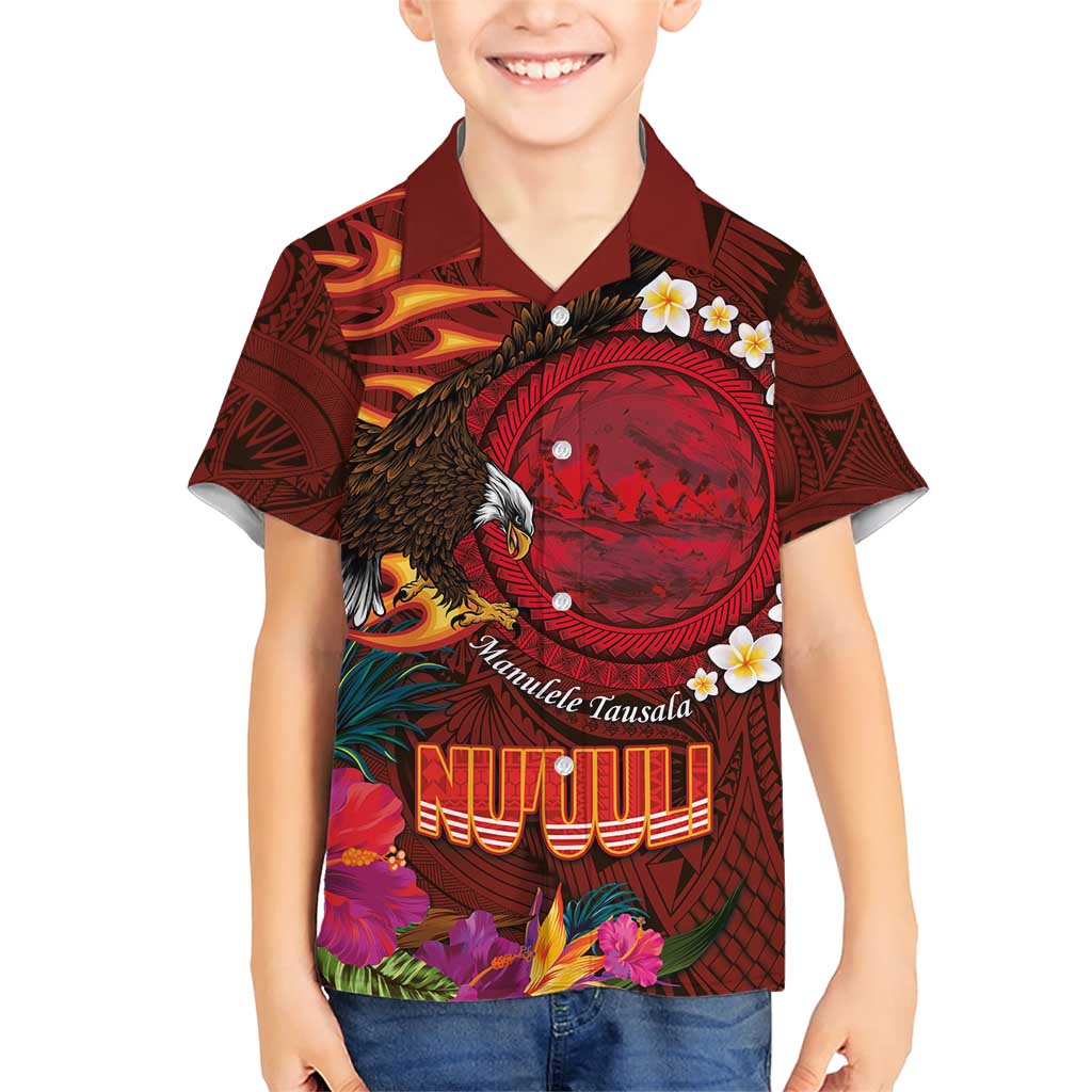 American Samoa Manulele Tausala Nu'uuli Family Matching Short Sleeve Bodycon Dress and Hawaiian Shirt Tatau Art Pattern with Tropical Plants LT03 Son's Shirt Red - Polynesian Pride