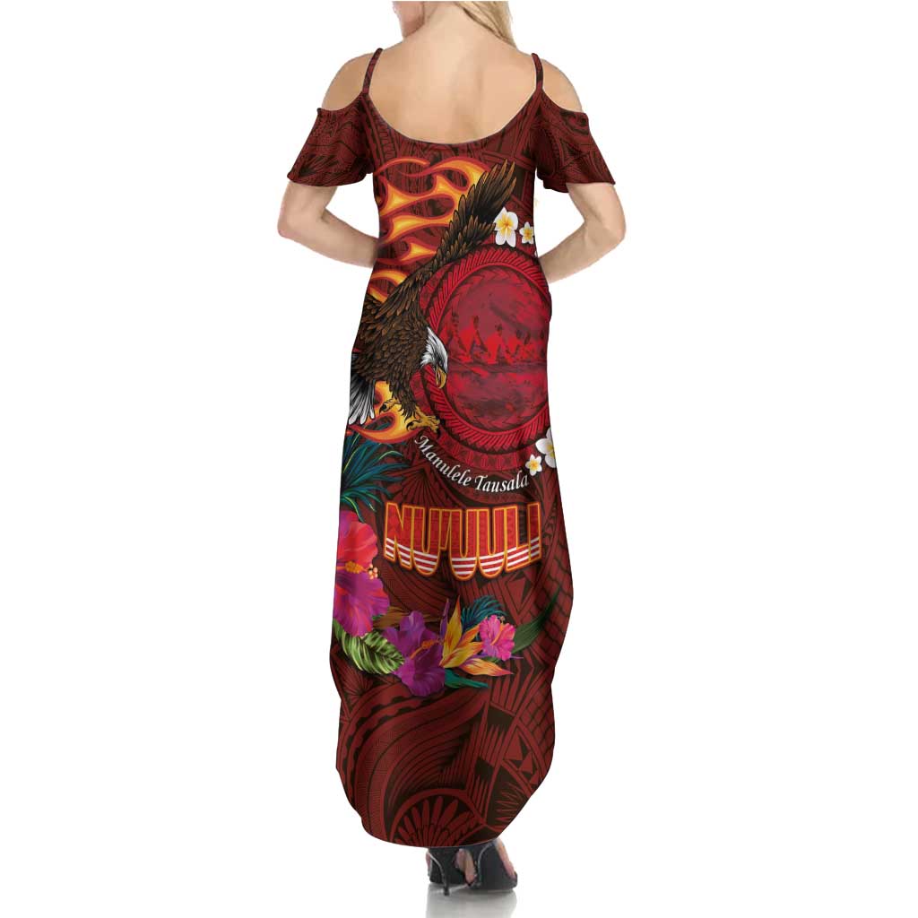 American Samoa Manulele Tausala Nu'uuli Family Matching Summer Maxi Dress and Hawaiian Shirt Tatau Art Pattern with Tropical Plants