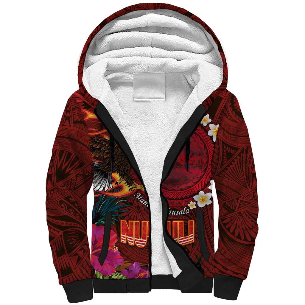 American Samoa Manulele Tausala Nu'uuli Sherpa Hoodie Tatau Art Pattern with Tropical Plants