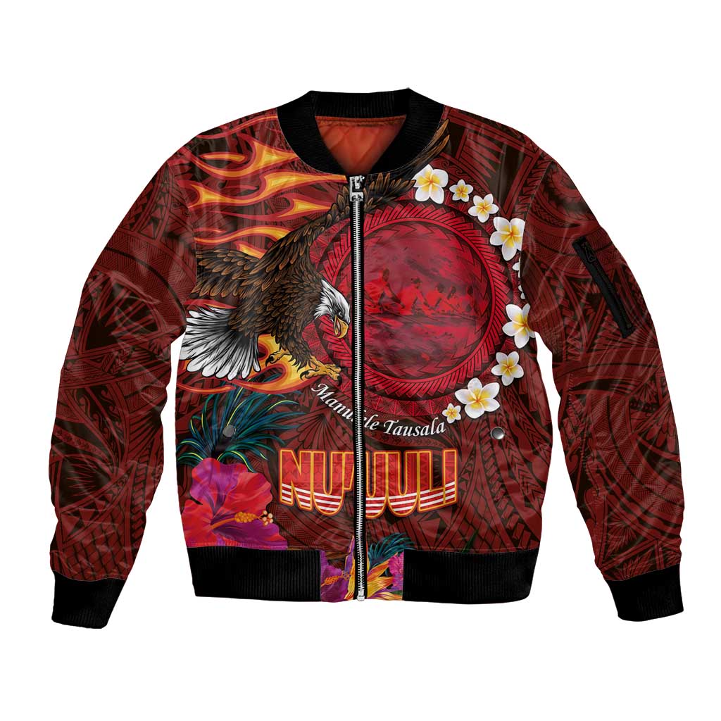 American Samoa Manulele Tausala Nu'uuli Sleeve Zip Bomber Jacket Tatau Art Pattern with Tropical Plants