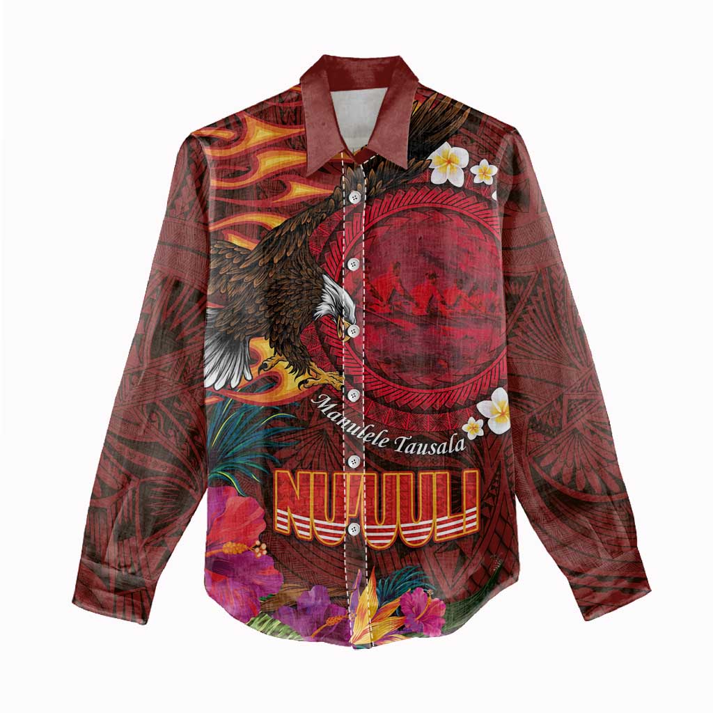 American Samoa Manulele Tausala Nu'uuli Women Casual Shirt Tatau Art Pattern with Tropical Plants