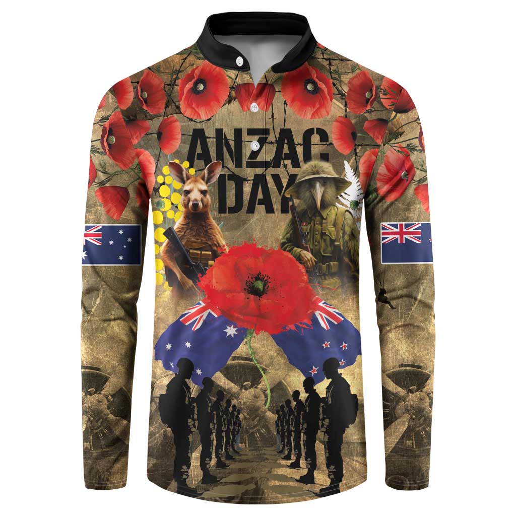 Australia and New Zealand ANZAC Day Button Sweatshirt Kangaroo and Kiwi Bird Soldier-Honor and Remember Vintage Style LT03 Beige - Polynesian Pride