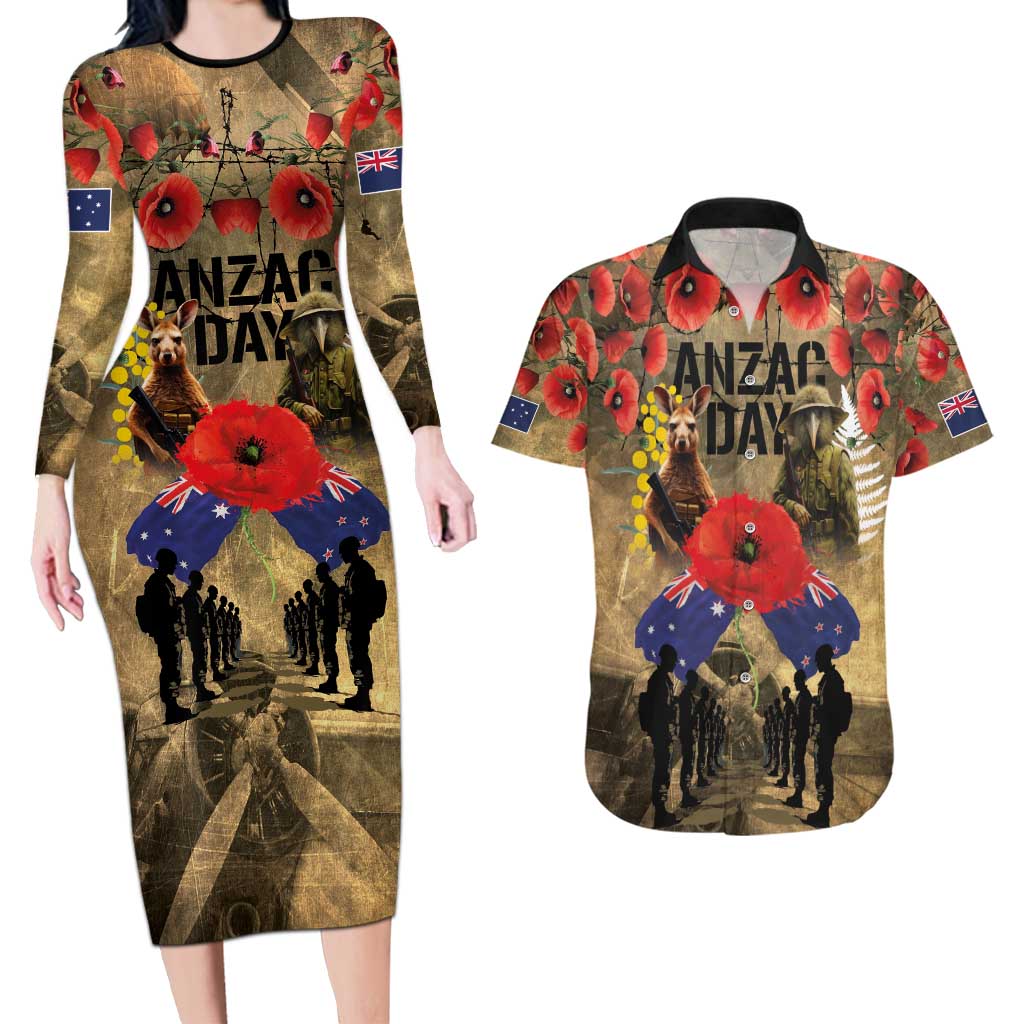 Australia and New Zealand ANZAC Day Couples Matching Long Sleeve Bodycon Dress and Hawaiian Shirt Kangaroo and Kiwi Bird Soldier-Honor and Remember Vintage Style LT03 Beige - Polynesian Pride