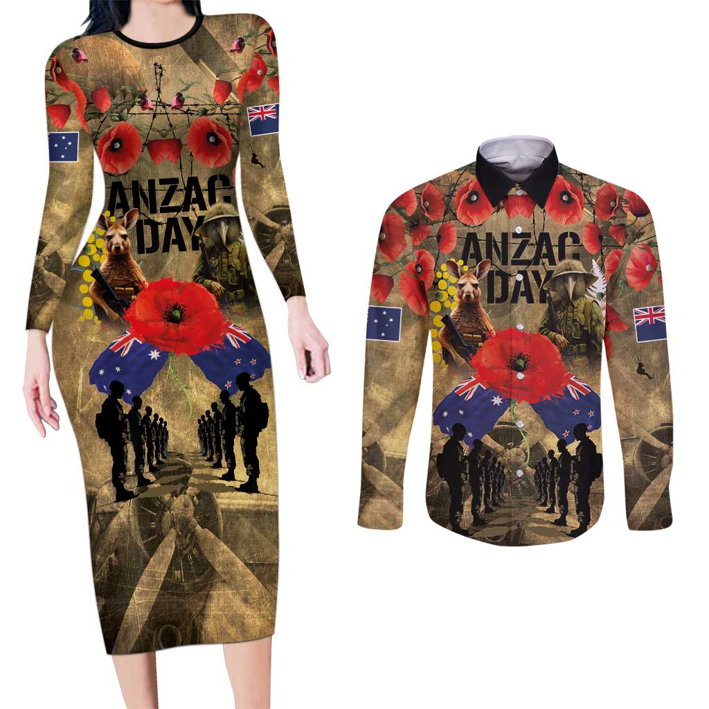 Australia and New Zealand ANZAC Day Couples Matching Long Sleeve Bodycon Dress and Long Sleeve Button Shirt Kangaroo and Kiwi Bird Soldier-Honor and Remember Vintage Style LT03 Beige - Polynesian Pride