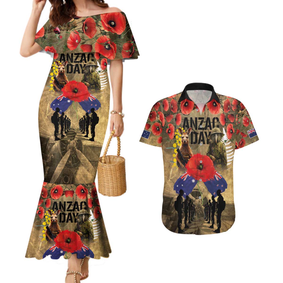 Australia and New Zealand ANZAC Day Couples Matching Mermaid Dress and Hawaiian Shirt Kangaroo and Kiwi Bird Soldier-Honor and Remember Vintage Style LT03 Beige - Polynesian Pride