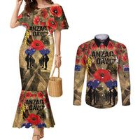 Australia and New Zealand ANZAC Day Couples Matching Mermaid Dress and Long Sleeve Button Shirt Kangaroo and Kiwi Bird Soldier-Honor and Remember Vintage Style LT03 Beige - Polynesian Pride