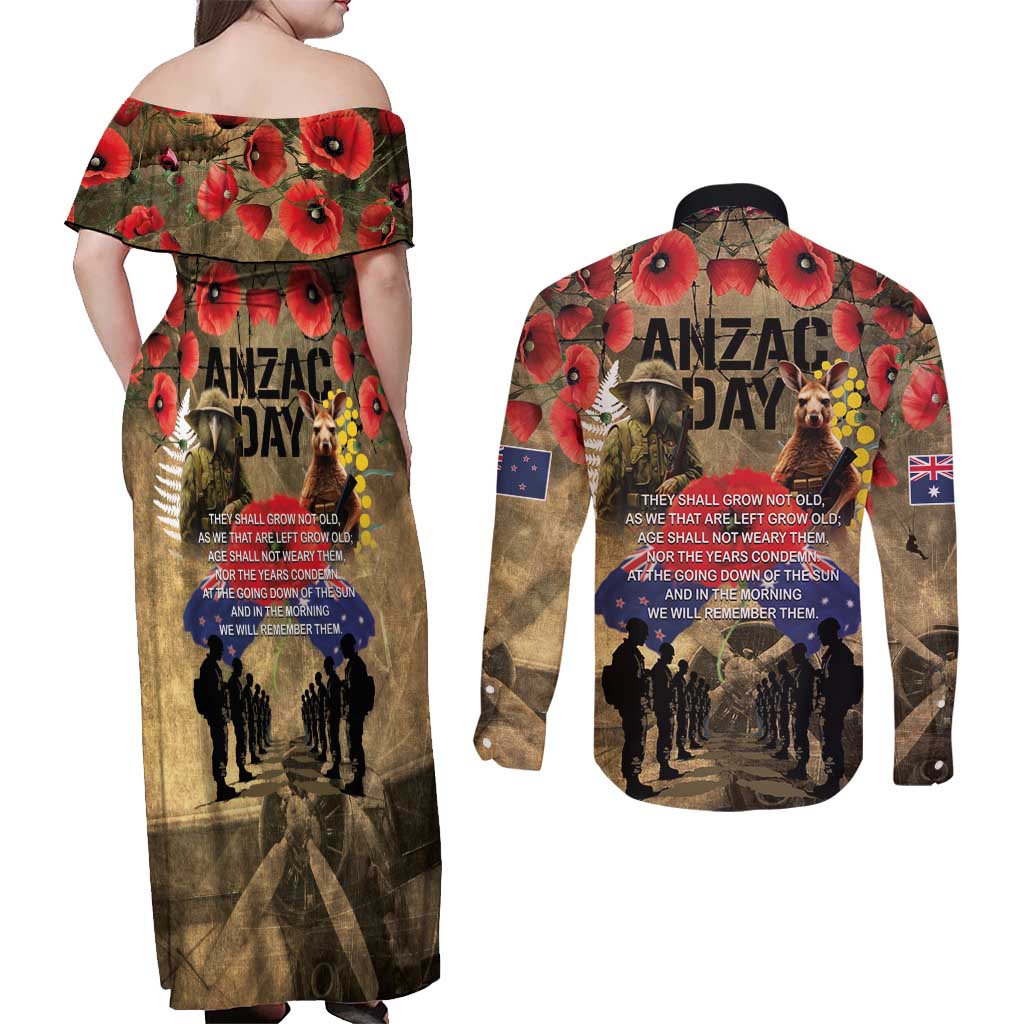 Australia and New Zealand ANZAC Day Couples Matching Off Shoulder Maxi Dress and Long Sleeve Button Shirt Kangaroo and Kiwi Bird Soldier-Honor and Remember Vintage Style LT03 - Polynesian Pride