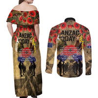 Australia and New Zealand ANZAC Day Couples Matching Off Shoulder Maxi Dress and Long Sleeve Button Shirt Kangaroo and Kiwi Bird Soldier-Honor and Remember Vintage Style LT03 - Polynesian Pride