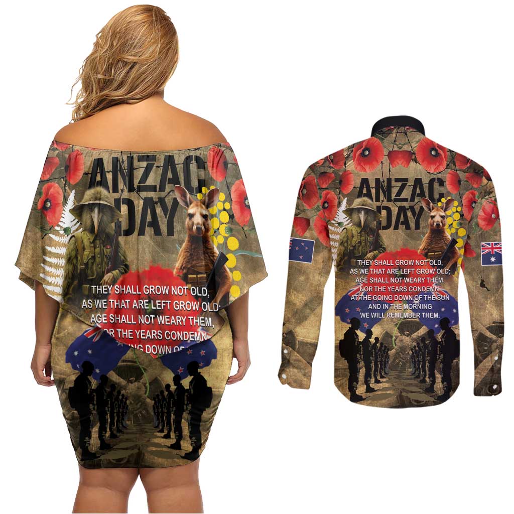 Australia and New Zealand ANZAC Day Couples Matching Off Shoulder Short Dress and Long Sleeve Button Shirt Kangaroo and Kiwi Bird Soldier-Honor and Remember Vintage Style LT03 - Polynesian Pride