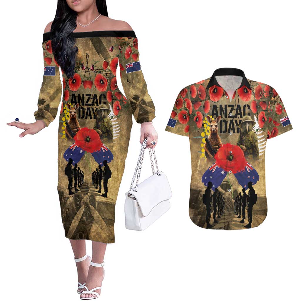 Australia and New Zealand ANZAC Day Couples Matching Off The Shoulder Long Sleeve Dress and Hawaiian Shirt Kangaroo and Kiwi Bird Soldier-Honor and Remember Vintage Style LT03 Beige - Polynesian Pride