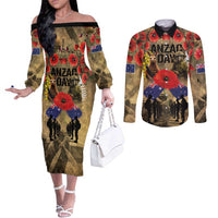 Australia and New Zealand ANZAC Day Couples Matching Off The Shoulder Long Sleeve Dress and Long Sleeve Button Shirt Kangaroo and Kiwi Bird Soldier-Honor and Remember Vintage Style LT03 Beige - Polynesian Pride