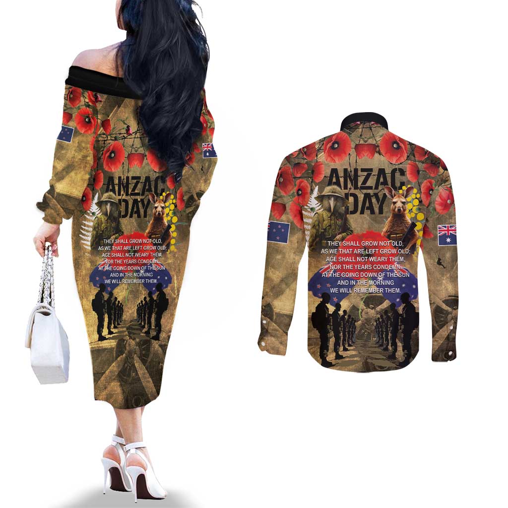 Australia and New Zealand ANZAC Day Couples Matching Off The Shoulder Long Sleeve Dress and Long Sleeve Button Shirt Kangaroo and Kiwi Bird Soldier-Honor and Remember Vintage Style LT03 - Polynesian Pride