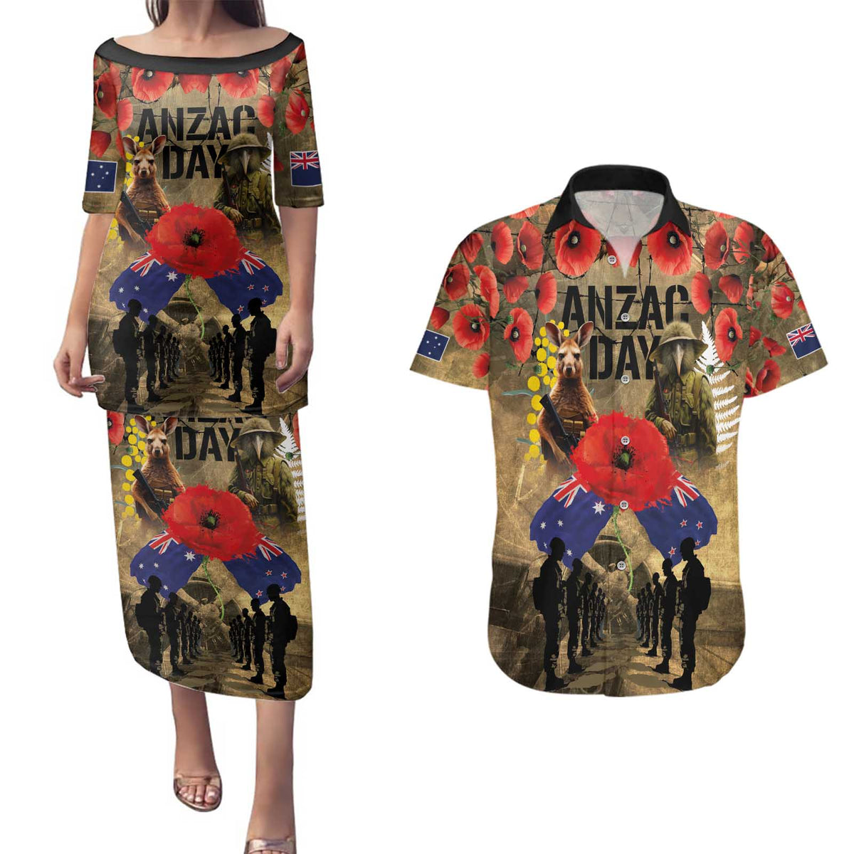 Australia and New Zealand ANZAC Day Couples Matching Puletasi and Hawaiian Shirt Kangaroo and Kiwi Bird Soldier-Honor and Remember Vintage Style LT03 Beige - Polynesian Pride