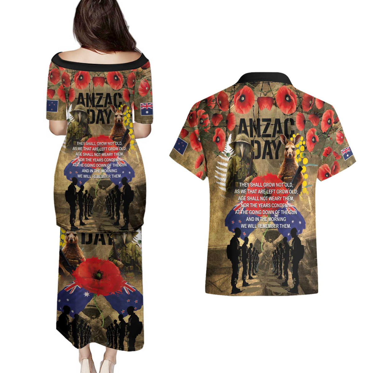 Australia and New Zealand ANZAC Day Couples Matching Puletasi and Hawaiian Shirt Kangaroo and Kiwi Bird Soldier-Honor and Remember Vintage Style LT03 - Polynesian Pride