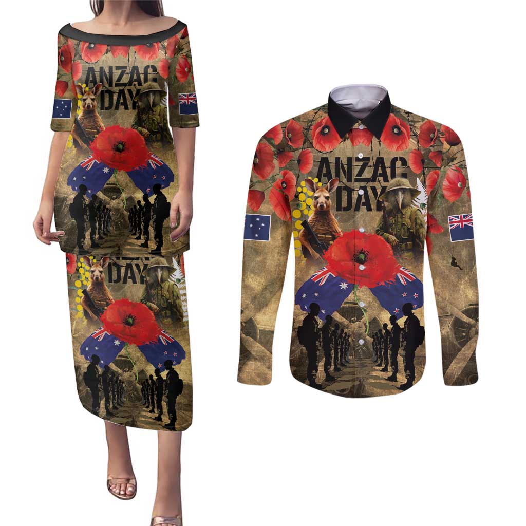 Australia and New Zealand ANZAC Day Couples Matching Puletasi and Long Sleeve Button Shirt Kangaroo and Kiwi Bird Soldier-Honor and Remember Vintage Style LT03 Beige - Polynesian Pride