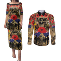 Australia and New Zealand ANZAC Day Couples Matching Puletasi and Long Sleeve Button Shirt Kangaroo and Kiwi Bird Soldier-Honor and Remember Vintage Style LT03 Beige - Polynesian Pride