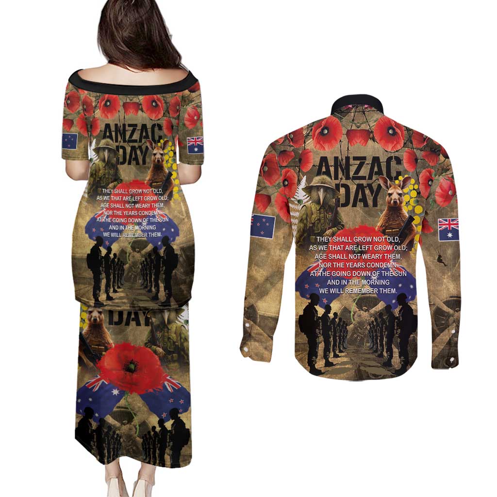 Australia and New Zealand ANZAC Day Couples Matching Puletasi and Long Sleeve Button Shirt Kangaroo and Kiwi Bird Soldier-Honor and Remember Vintage Style LT03 - Polynesian Pride
