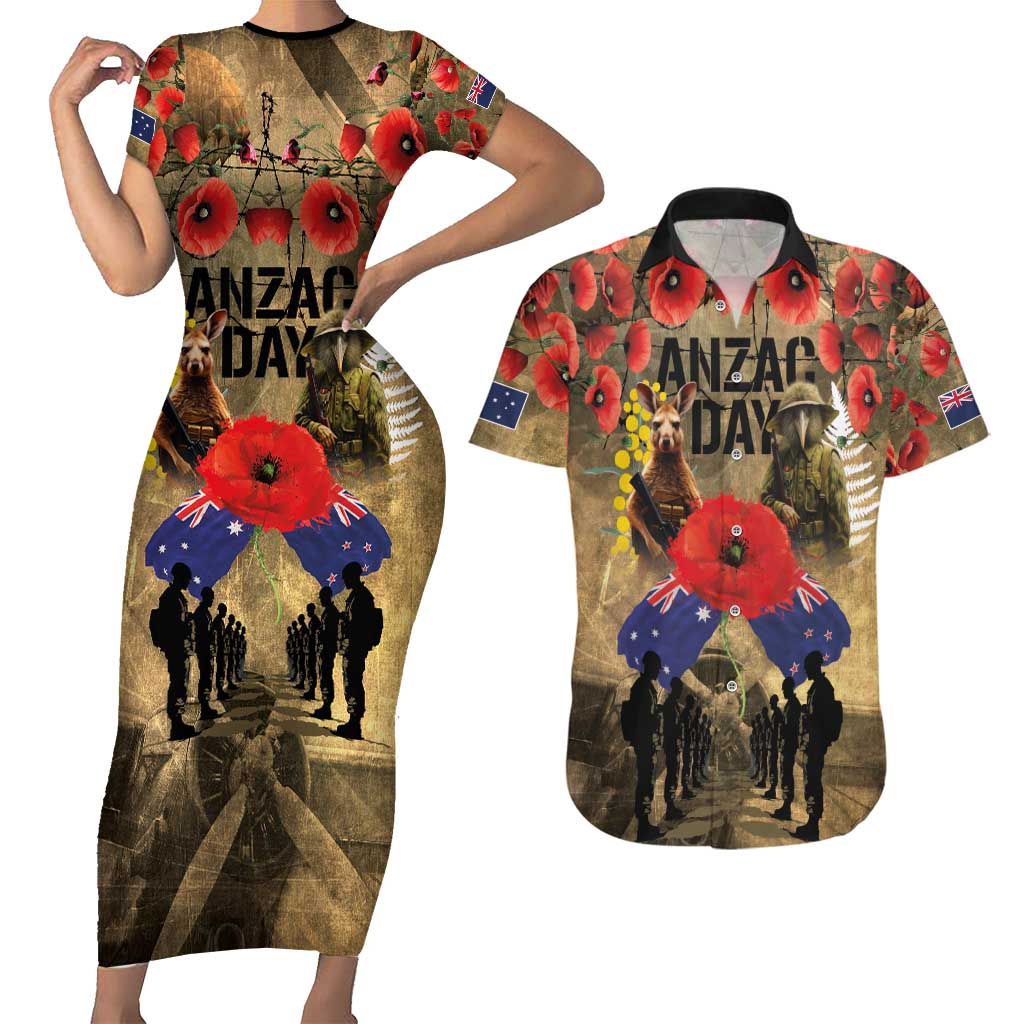 Australia and New Zealand ANZAC Day Couples Matching Short Sleeve Bodycon Dress and Hawaiian Shirt Kangaroo and Kiwi Bird Soldier-Honor and Remember Vintage Style LT03 Beige - Polynesian Pride