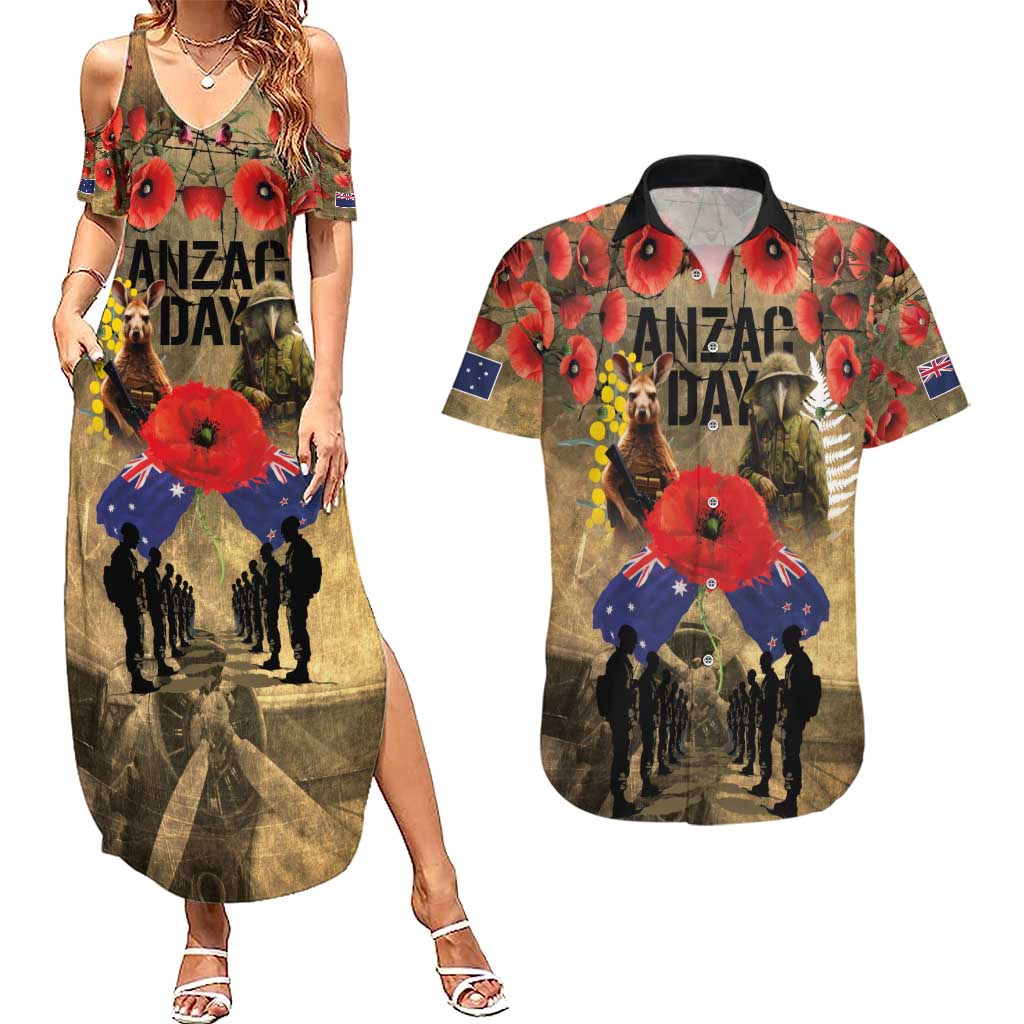 Australia and New Zealand ANZAC Day Couples Matching Summer Maxi Dress and Hawaiian Shirt Kangaroo and Kiwi Bird Soldier-Honor and Remember Vintage Style LT03 Beige - Polynesian Pride